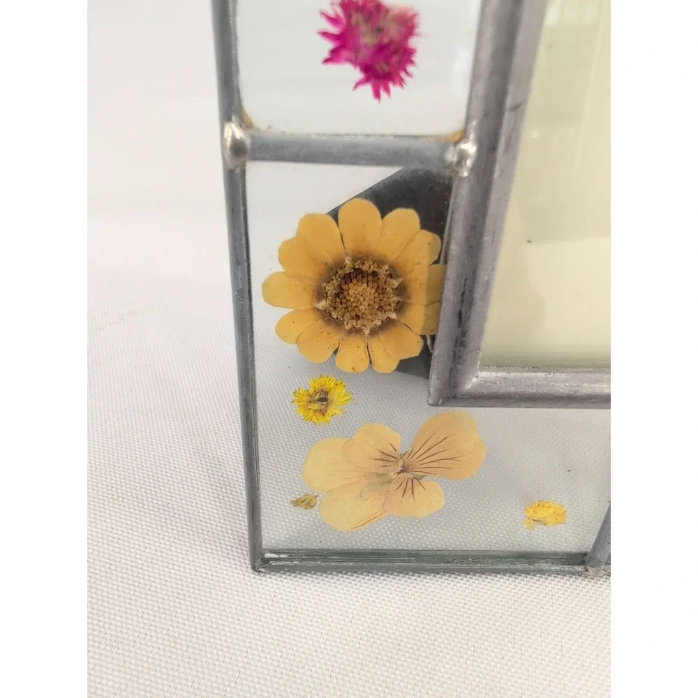 vtg Carr Frames Leaded Glass Picture Frame Silver Pressed Flowers 1999 2.5x2.5